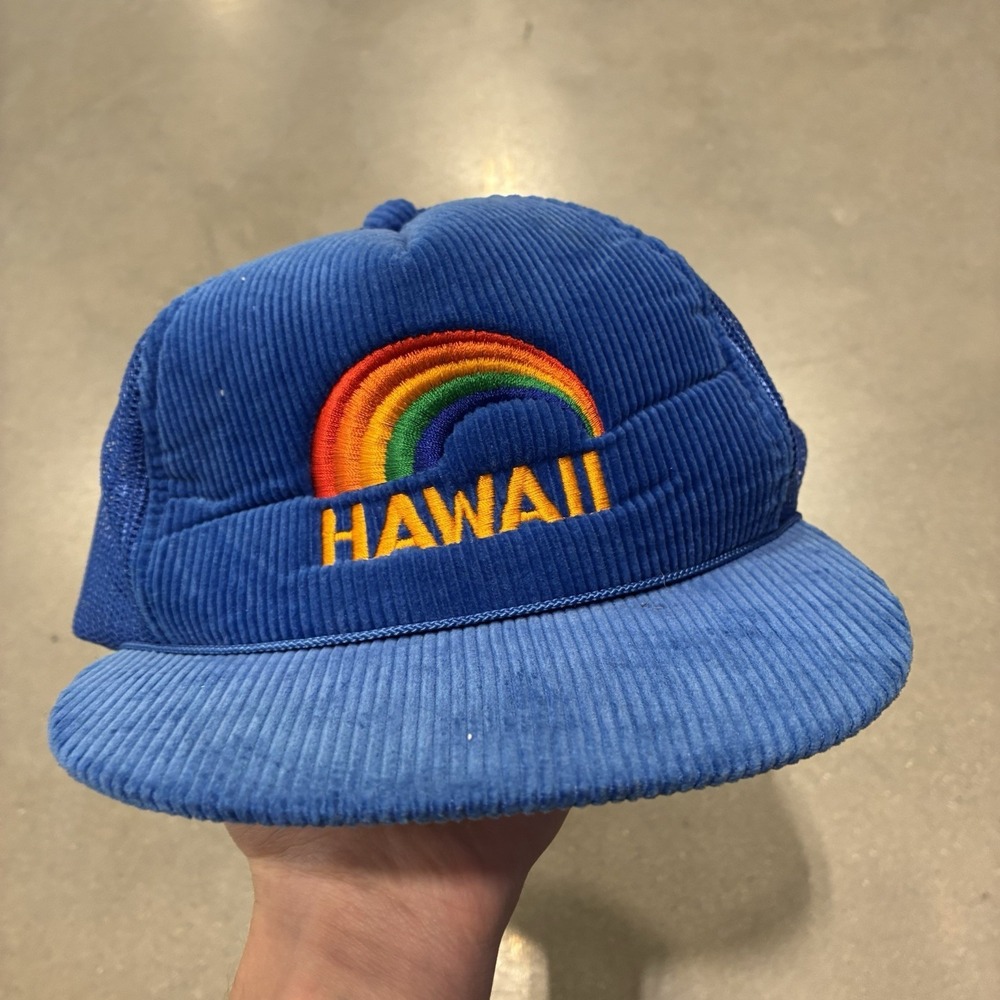 Vintage Hawaii Rainbow Corduroy Mesh Trucker Snapback Hat Blue Hawaiian Headwear